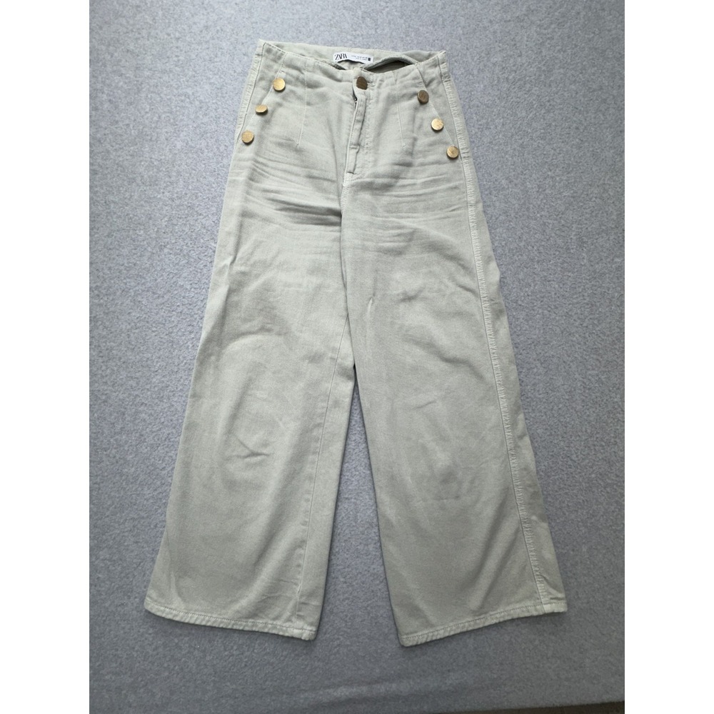 Zara Pants Womens US 2 Green Wide Leg Sailor Button High Rise Cropped Cotton - Picture 1 of 10